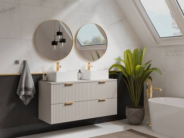 Doppelwaschtisch ZEVARA Beige - Holz teilmassiv - 46 x 57 x 120 cm