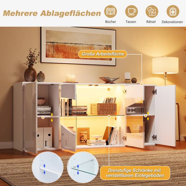 Sideboard Electra Ⅱ Weiß - Holzwerkstoff - Glas - 160 x 70 x 35 cm
