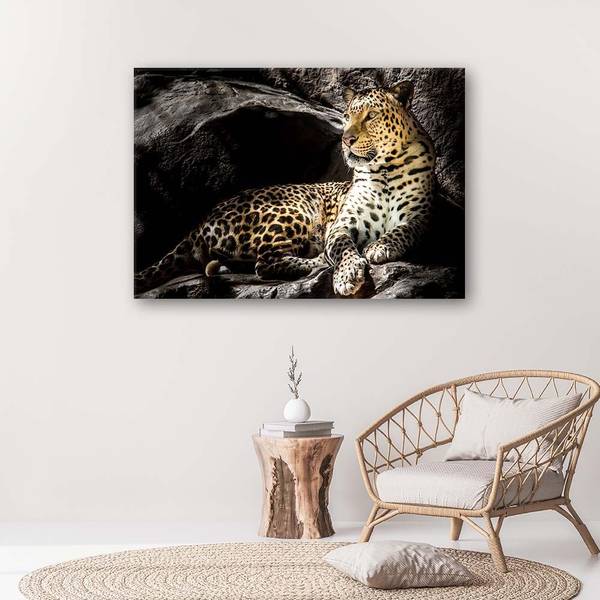 Wandbild leopard auf felsen 90 x 60 cm
