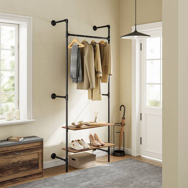 Kleiderstange Wandgarderobe KLS20-SCH Schwarz - Metall - Massivholz - 48 x 220 x 92 cm