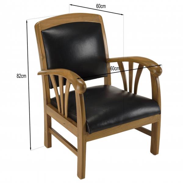 Fauteuil en teck et cuir noir Noir - Bois massif - 60 x 82 x 60 cm