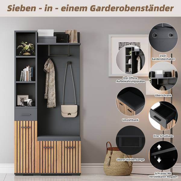 Garderobenständer Eos Ⅰ Schwarz - Braun - Holzwerkstoff - 35 x 175 x 80 cm