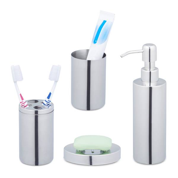 Lot 4 Accessoires Salle De Bain Bambou Relaxdays - Distributeur Savon, Gobelet, Porte-Brosses, Bol