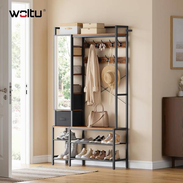Kleiderständer HO-004 mit Schuhregal Braun - Holzwerkstoff - Metall - 100 x 180 x 30 cm