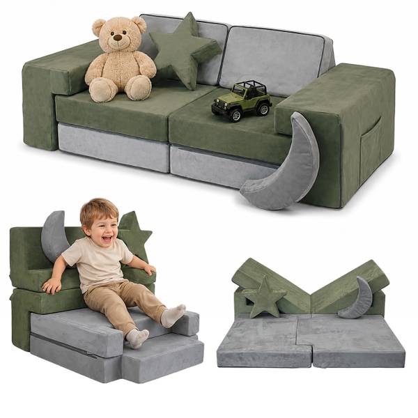 Canapé de jeu modulaire enfant, 10 pcs Gris - Vert - Polyester - 140 x 45 x 65 cm
