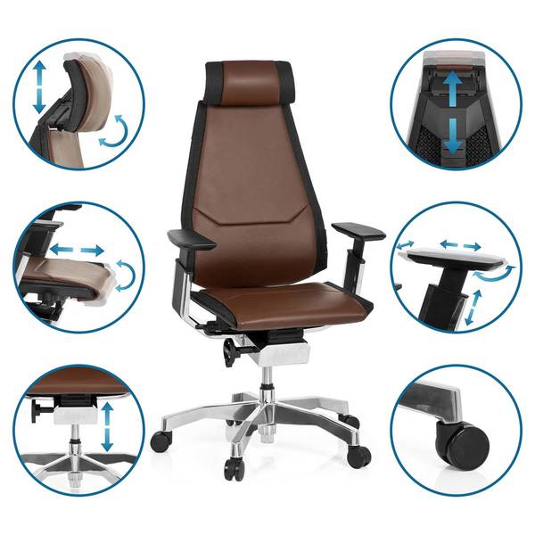 Bürostuhl GENIDIA PRO Schwarz - Braun - Höhe: 119 cm - Echtleder - Textil