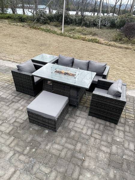 Outdoor Rattan Gartensofa Set 6 Sitzer Grau - Webstoff - Polyresin - 65 x 66 x 176 cm