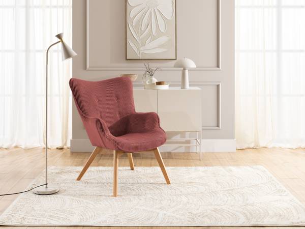 Loungefauteuil met hocker Lenari robijnrood - beukenhouten look