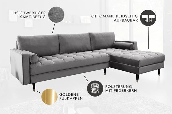 Ecksofa COZY VELVET Grau - Polyester - Samt - Eukalyptus - Gummibaum - 260 x 85 x 83 cm