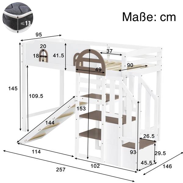 Hochbett Viola Weiß - Holzwerkstoff - Massivholz - 146 x 145 x 257 cm