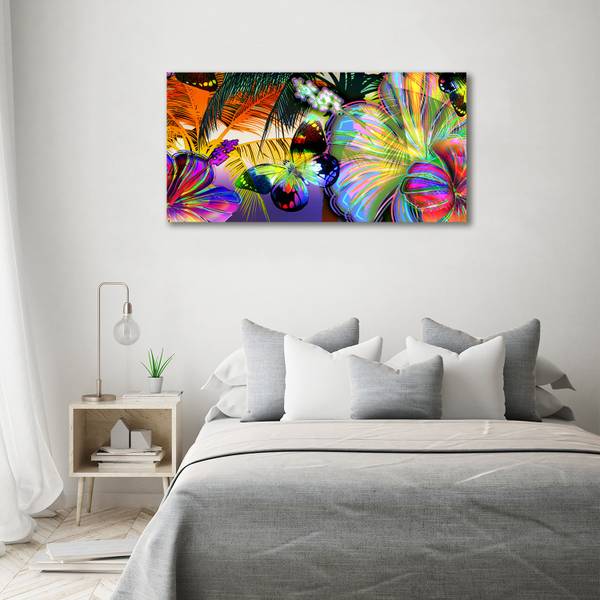 Glasbild Blumen Schmetterling 140 x 70 cm