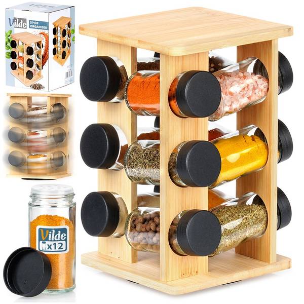 Drehbarer Gewürzständer 13-tlg. Set Braun - Bambus - Glas - Kunststoff - 15 x 24 x 15 cm