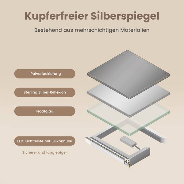EMKE Badspiegel mit Beleuchtung LM13DT Silber - Spiegelglas - 120 x 60 x 4 cm