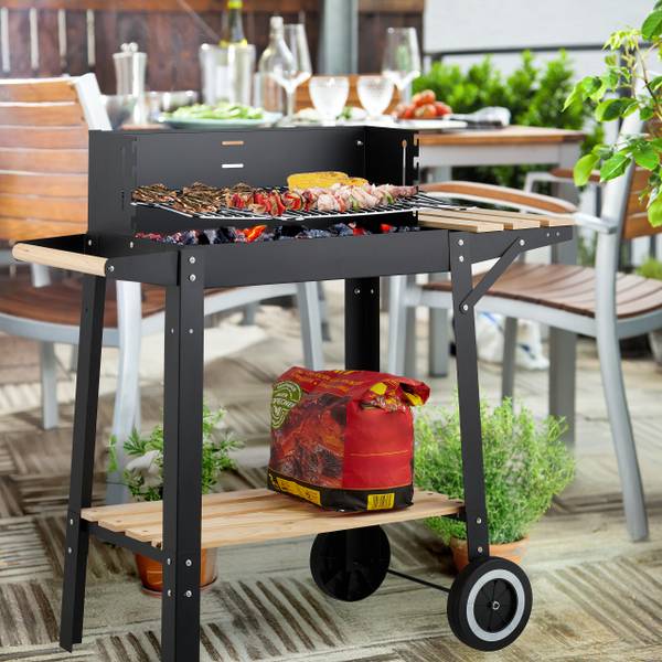 Grill mit Rädern und Ablagen Schwarz - Braun - Silber - Stahl - 86 x 81 x 42 cm