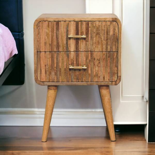 Table de nuit Striée Beige - Manguier - Laiton - 45 x 65 x 35 cm