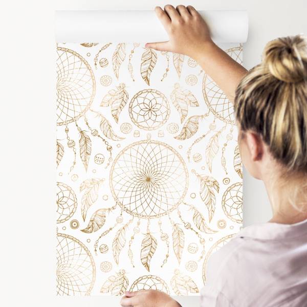 Papier Peint ATTRAPE-RÊVES Plumes Boho Beige - Blanc - Polaire - 53 x 1000 x 1000 cm