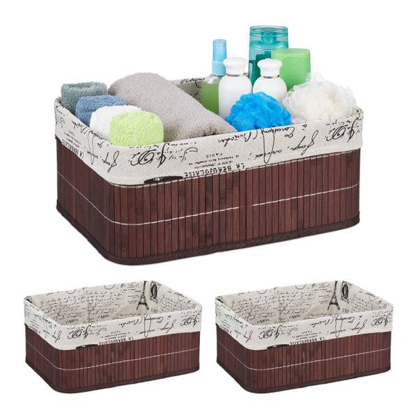 3 x Aufbewahrungskorb Bambus braun Schwarz - Braun - Weiß - Polyester - 38 x 17 x 29 cm