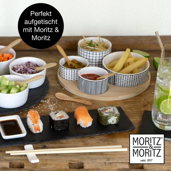 Bambusplatte mit 4 Dipschalen und Löffel Weiß - Pinie - 23 x 9 x 23 cm