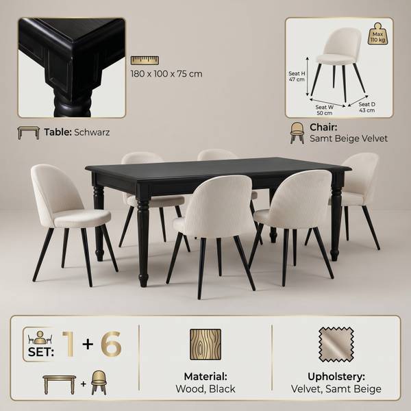 Essgruppe Amaretta 7-teilig Schwarz - Hellbeige