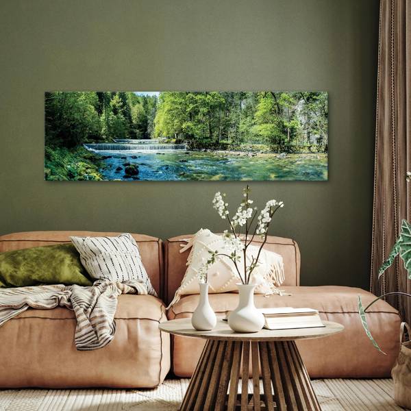 Leinwandbild Wasserfall Natur Bilder Holzwerkstoff - Textil - 145 x 45 x 3 cm