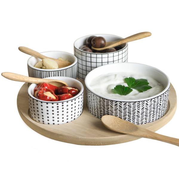 Bambusplatte mit 4 Dipschalen und Löffel Weiß - Pinie - 23 x 9 x 23 cm