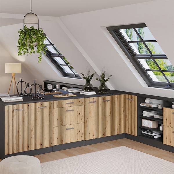Küchenschrank Dachschrägen R-Line 61787 Anthrazit - Asteiche Dekor - Breite: 80 cm