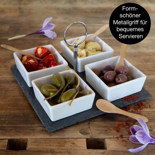 Schieferplatte mit 4 Dipschalen + Löffel Weiß - Bambus - 10 x 24 x 24 cm