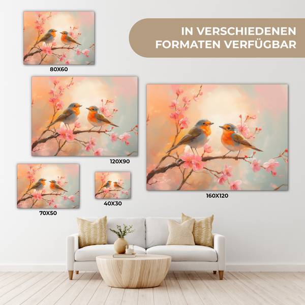 LEINWANDBILD Rotkehlchen Pink - Baumwollstoff - 40 x 30 x 2 cm