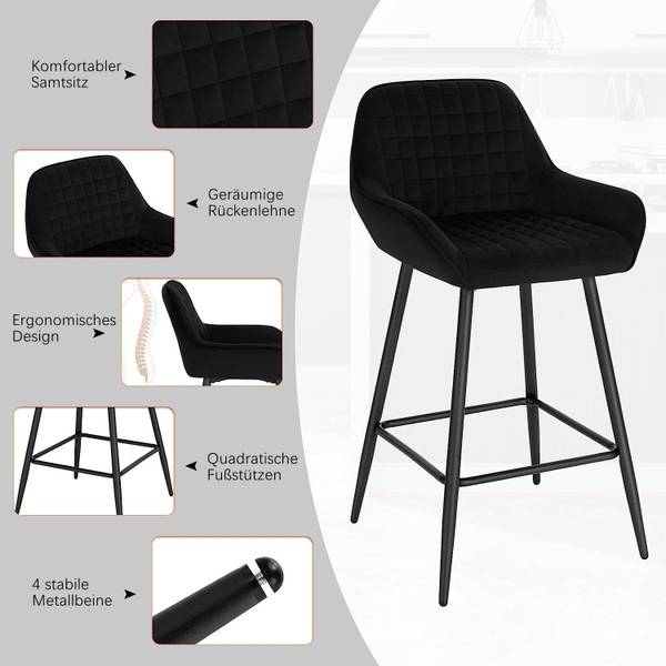 Barhocker Baraa （2er Set） Schwarz - Samt - 44 x 88 x 44 cm