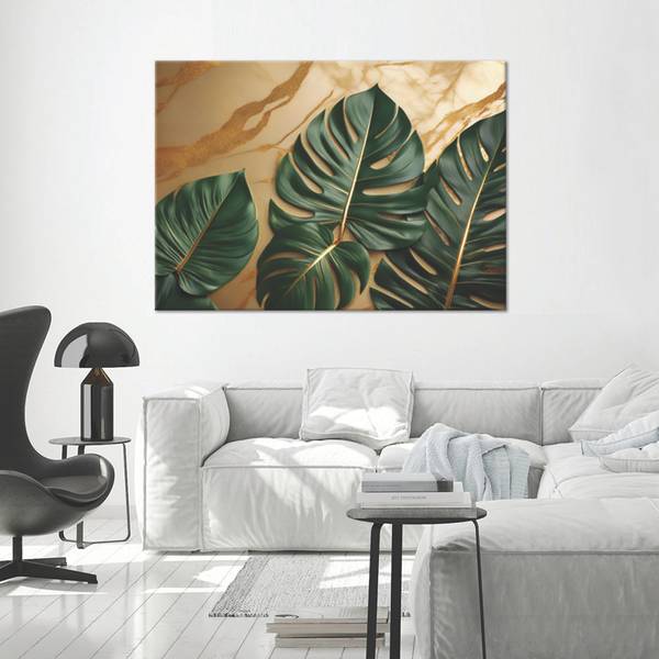 Wandbild blätter vor marmorhintergrund 100 x 70 cm