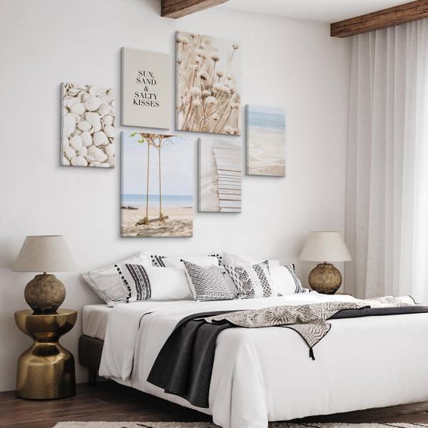 Set De Tableaux Plage Plantes Citation Beige - Bleu - Blanc - Lin - 90 x 80 x 80 cm