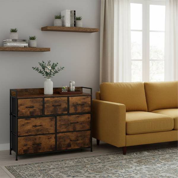 Ladekast met 7 stoffen lades zwart - bruin - ijzer - 85 x 98 x 29 cm
