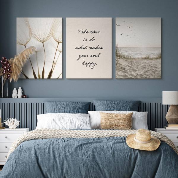 Leinwandbilder Set Meer Zitat Pflanzen Beige - Schwarz - Grün - Leinen - 90 x 40 x 40 cm