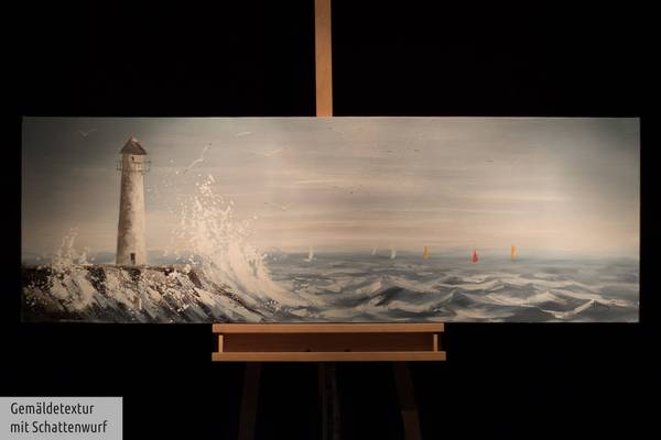 Acrylbild Handgemalt Leuchtturm Jec Blau - Weiß - Baumwollstoff - 150 x 50 x 4 cm