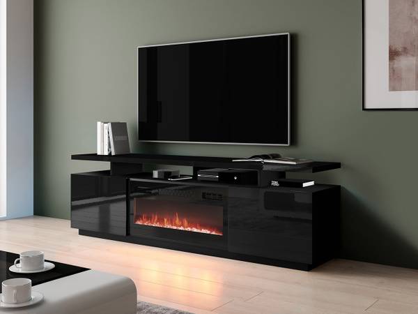 TV-Lowboard Eva mit Kamin Schwarz - Hochglanz Schwarz