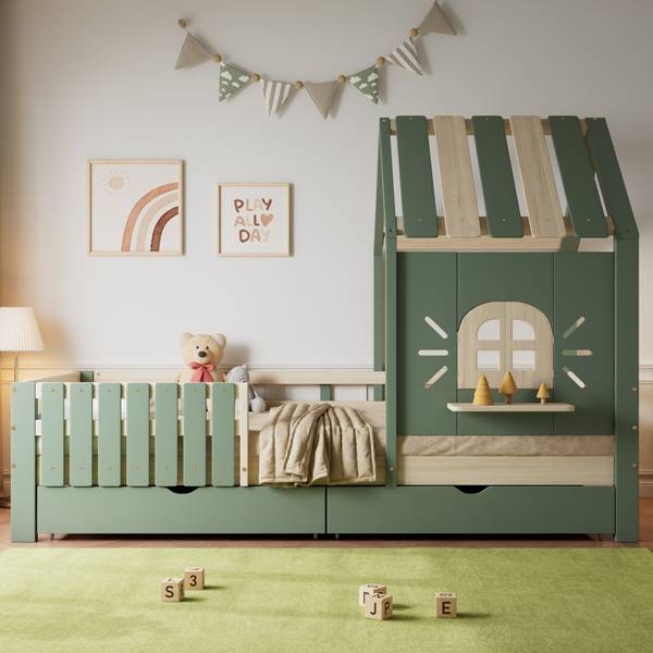 Hausbett Oneiros Ⅲ Grün - Holzwerkstoff - Massivholz - 95 x 152 x 204 cm