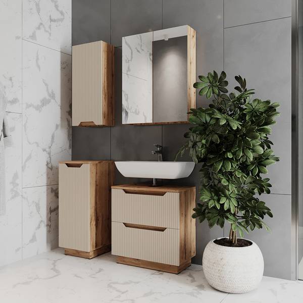 Badmöbel-Set Lotta 59515, 4er Set Beige - Kaschmir - Eiche Dakota Dekor