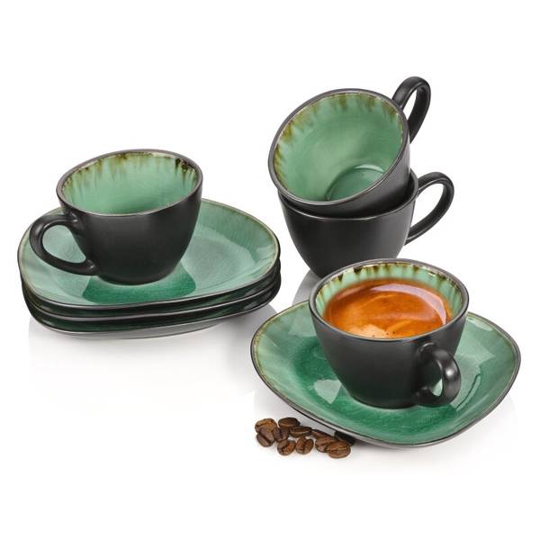 8-tlg. Espressotassen Palm Beach Grün - Stein - 15 x 15 x 18 cm
