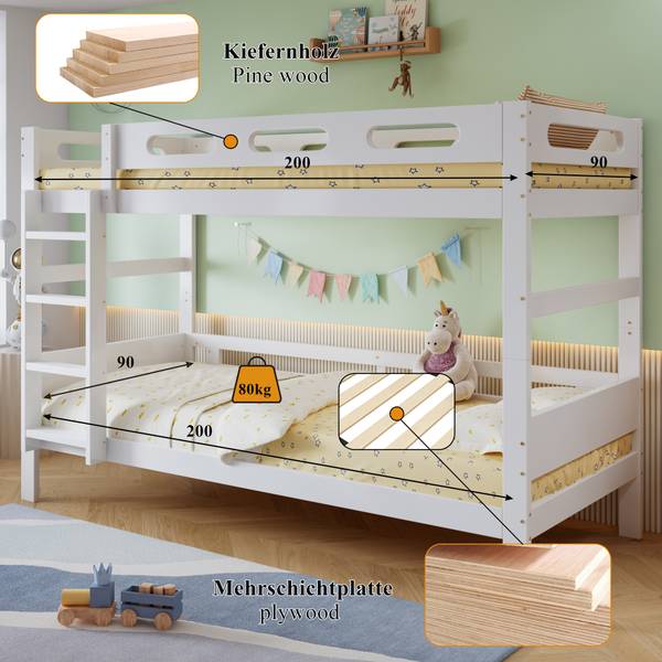 Etagenbett K-2036 Weiß - Holzwerkstoff - 95 x 146 x 204 cm