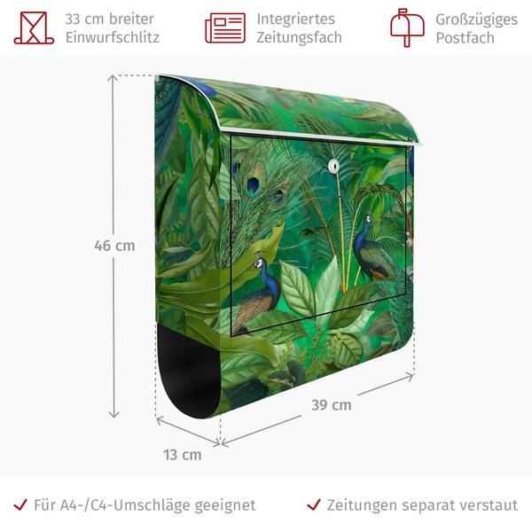 Briefkasten Pfauen im Dschungel Grün - Stahl - 39 x 46 x 13 cm