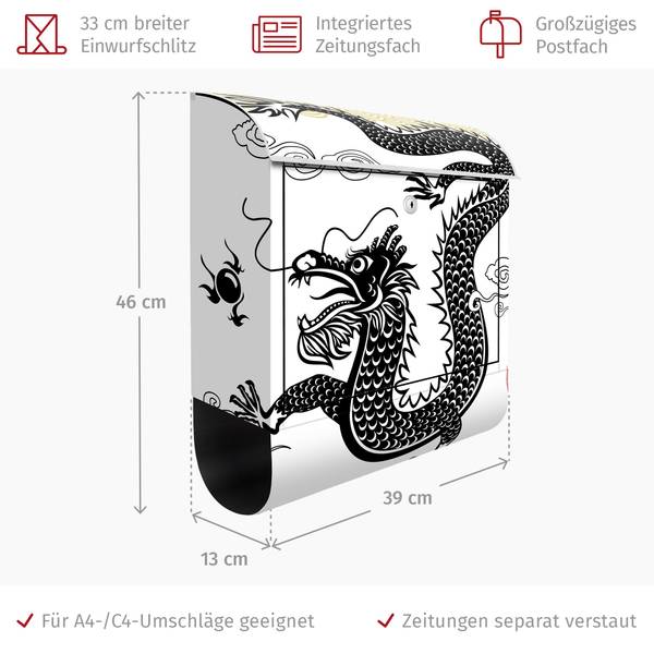 Briefkasten Asiatischer Drache Schwarz - Stahl - 39 x 46 x 13 cm