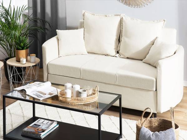 Canapé 2 Places LOEN – Beliani – Tissu Beige, Pieds Noirs – Dossier Uni