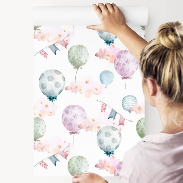 Tapete BALLONS Blumen Sterne Wolken Blau - Grün - Violett - Weiß - Fleece - 53 x 1000 x 1000 cm