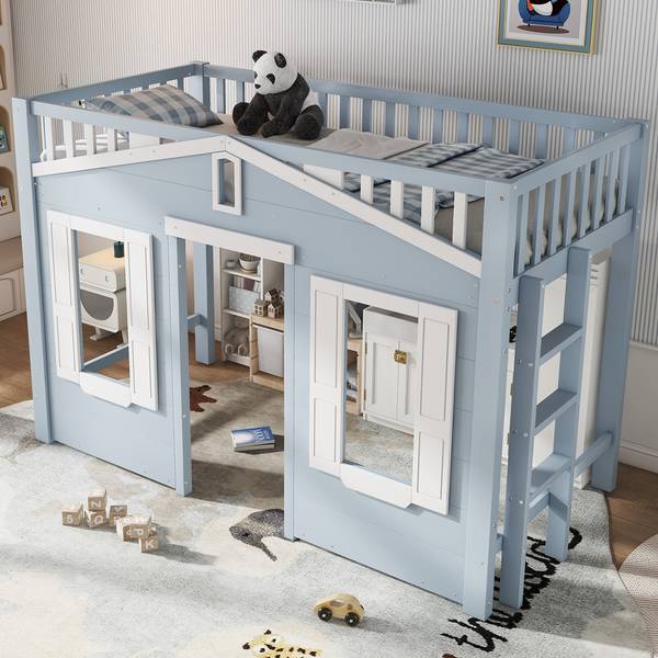 Hochbett OzeanAttic Ⅰ Blau - Holzwerkstoff - Massivholz - 95 x 135 x 210 cm