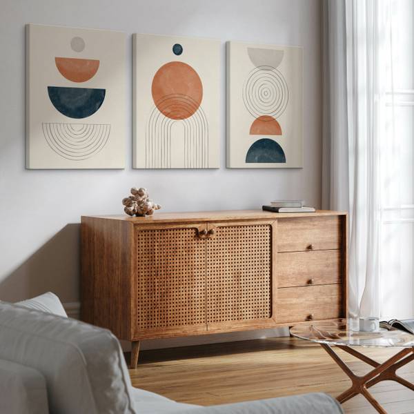 Leinwandbilder KREISE Boho 3-er Set Beige - Schwarz - Blau - Braun - Orange - Türkis - Leinen - 90 x 40 x 40 cm