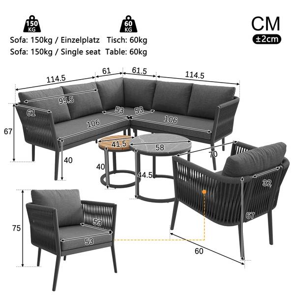Set lounge jardin Gaia II (6-él.) Gris - Verre - Métal - Matière plastique - Textile - 176 x 75 x 176 cm
