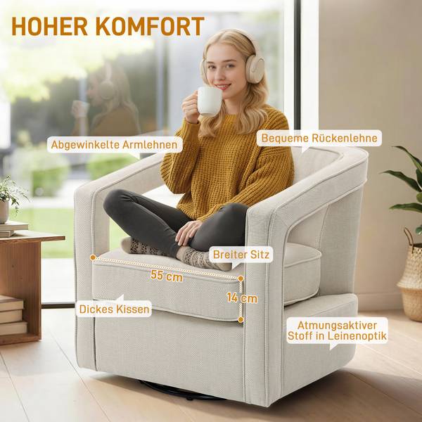 Polstersessel 83B-613V00BG Beige - Leinen - Polyester - 75 x 72 x 77 cm