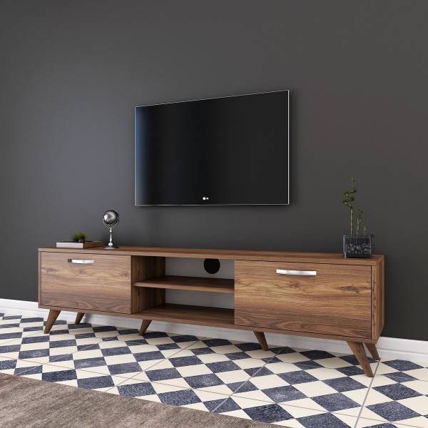 Meuble TV 2 portes rabattables 2 niches Imitation noyer
