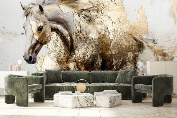 Papier Peint CHEVAL Béton Abstraction Beige - 270 x 180 x 180 cm