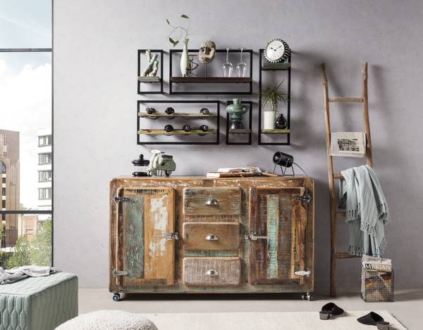 RIVERBOAT Wandregal Metall - Massivholz - 65 x 35 x 25 cm